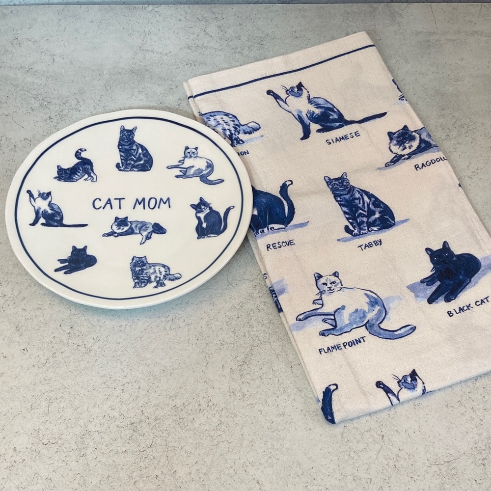 Anthropologie Molly Hatch Cat Mom Dessert Plate Tea Towel Set NWT Cat Lover Gift